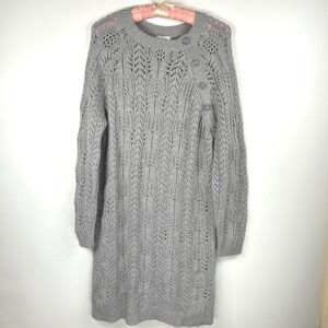 Sundance Leah Mae Sweater Dress Pointelle Knit Tunic M Grey Button Detail Boho